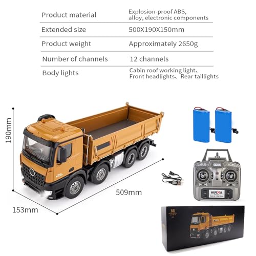 1:14 Scale RC Dump Truck with 2 Batteries, 4WD 2.4Ghz RC Truck with Trailer, 12CH RC Construction Vehicle with Light and Sound, Four-Wheel Steering, RC Toy Car for Boy Girl Birthday Gift