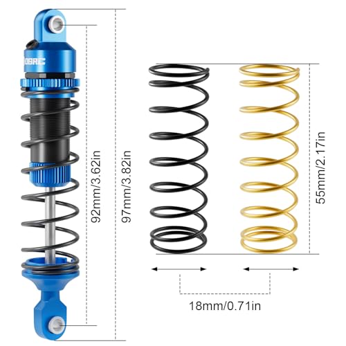 OGRC 92mm RC Shock Absorber for 1/16 Traxxas Mini Maxx XRT 1/10 TRX4 SCX10 | Aluminum, with Progressive Springs, Top-cap Bleeder Hole, Oil Shocks, Blue - color: Blue