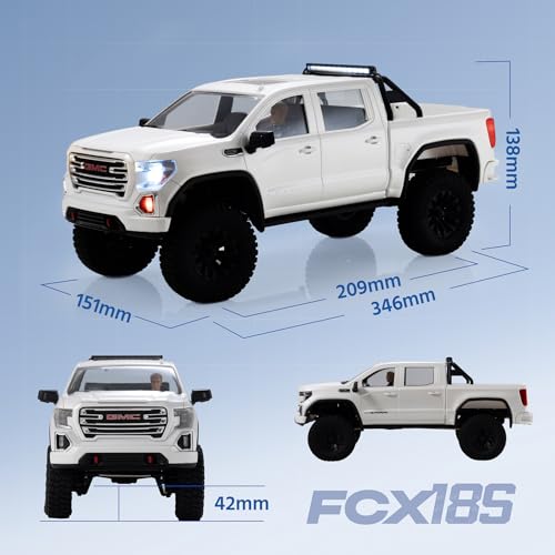FMS FCX18S GMC Sierra S 1500 RC Crawler, 1/18 Brushless RC Truck 4WD Offroad, Official Licensed GMC Pickup with 2-Speed Transmission, Portal Axles, Metal Gears, ABS Hard Shell, RTR RC Car for Adults