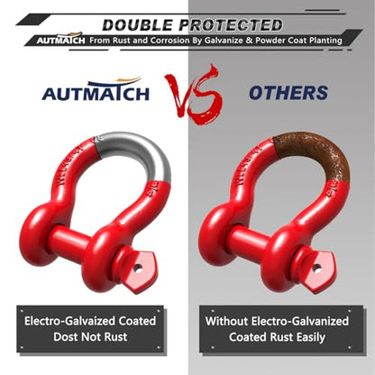 AUTMATCH D Ring Shackle 3/4" Shackles (2 Pack) 41,887Ibs Break Strength - Clevis Shackles with 7/8" Screw Pin and Shackle Isolator Washers Kit for Tow Strap Winch Off Road Vehicle Recovery, Red - color: Red
