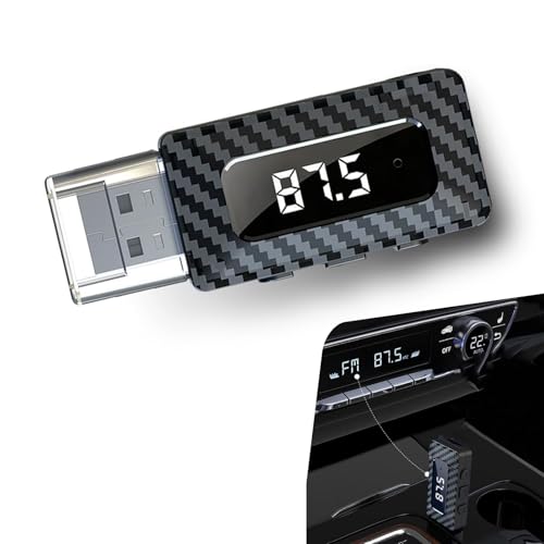 Car USB Bluetooth Receiver, HD LED Display FM Transmitter Audio Adapter, DC 5V Plug and Play Adjustable Frequency Bluetooth Receiver with AUV Connector, for Most Cars Home (Black)