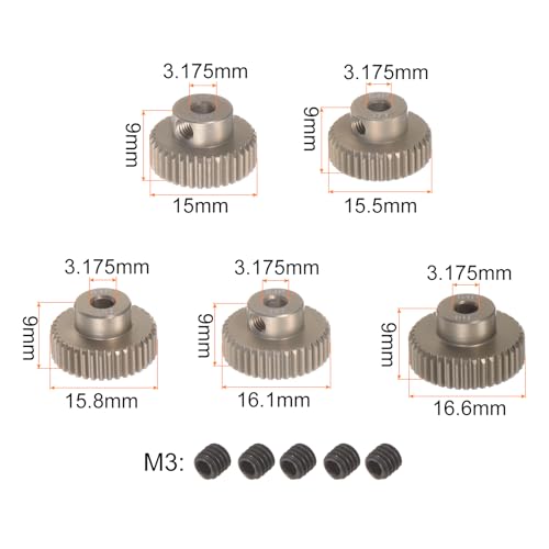 uxcell 64P Pinion Gear Set 3.175mm (1/8") Shaft 36T 37T 38T 39T 40T Aluminum Alloy Motor Gears for 1/10 RC Car (5pcs) - size: 3.175mm (1/8") x 36T 37T 38T 39T 40T