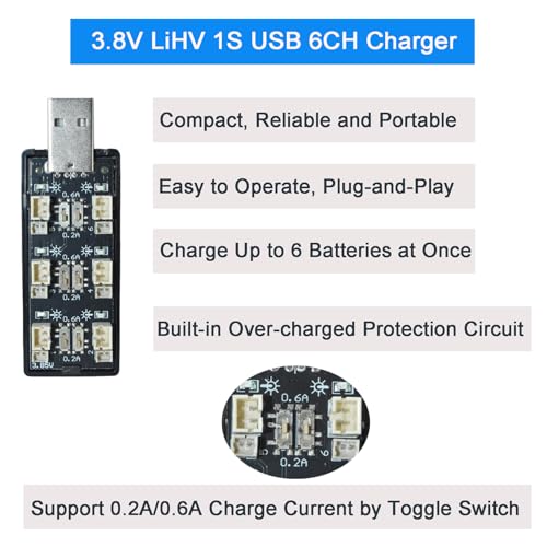1S LiPo Battery USB Charger 3.8V/4.35V, 6-Channel LiHV High Voltage Charger for Tiny Whoop EMAX Tinyhawk Battery, DIY Projects, JST-PH2.0 and JST-1.25 Connectors