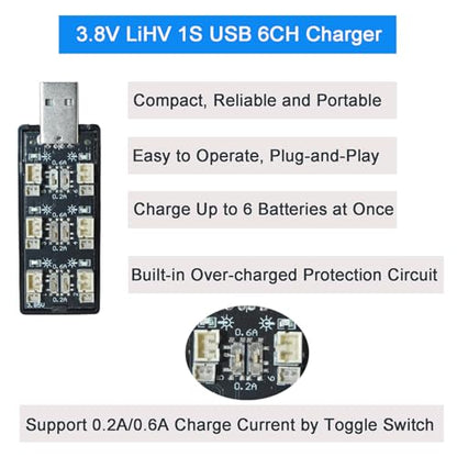 1S LiPo Battery USB Charger 3.8V/4.35V, 6-Channel LiHV High Voltage Charger for Tiny Whoop EMAX Tinyhawk Battery, DIY Projects, JST-PH2.0 and JST-1.25 Connectors
