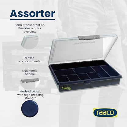 Raaco Assorter 5-9 Tool Box Organizer, 9-Slot - Small Parts & Hardware | Medium, 9 Slots Fixed Grid with Semi-Transparent Lid, Polypropylene (PP) Storage Box for Screws, Nuts and Bolts - size: Medium –9 Slots, style: Fixed Grid