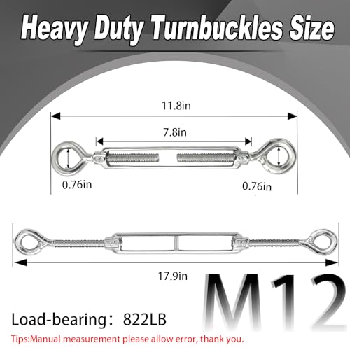6 PCS M12 Eye and Eye Turnbuckles for Cables Wire Rope Tension | Made of 304 Stainless Steel, Corrosion Resistant , Easy to Use,822lbs Rated,Industrial Shade Sail Rigging - size: 6PCS-M12-OO