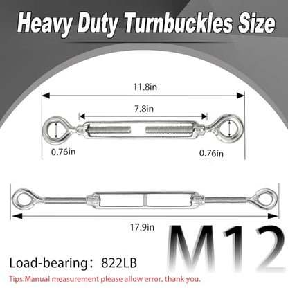 6 PCS M12 Eye and Eye Turnbuckles for Cables Wire Rope Tension | Made of 304 Stainless Steel, Corrosion Resistant , Easy to Use,822lbs Rated,Industrial Shade Sail Rigging - size: 6PCS-M12-OO