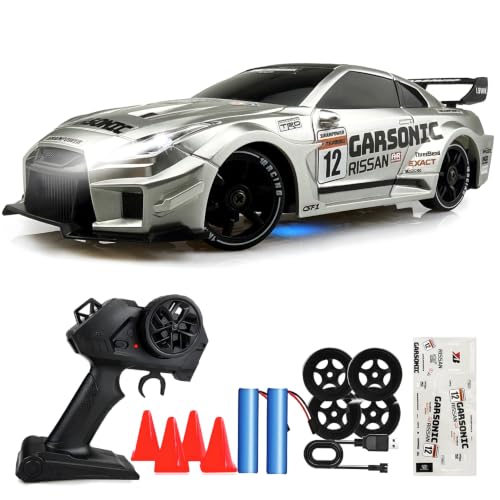 RC Drift Car, 1:24 Scale Remote Control Vehicle with LED Lights,Drifting Tires＆Two Batteries, Racing Sports Toy Idea Gift for Adults Boys Girls and Kids - color: Silver
