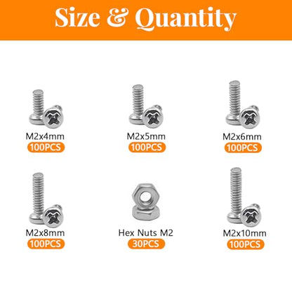 530Pcs 304 Stainless Steel Metric Micro Screws Nuts Assortment, M2x4/5/6/8/10mm Sizes, Phillips Pan Head, Fully Threaded Kit for Arduino, RC Models, Electronics, DIY Projects - size: M2x4/5/6/8/10-530Pcs