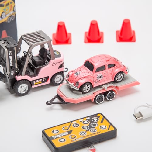 1/64 Scale Mini RC Forklift Truck, 2.4GHz Fully Functional Remote Control Truck Model with Wireless Controller, Cargo Hook, Forks and Pallet, RC Vehicle Toy for Adults - color: Pink/Upgraded Version