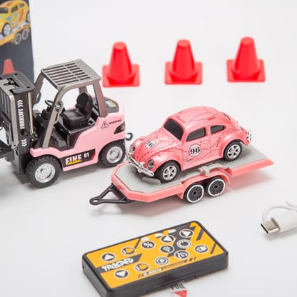 1/64 Scale Mini RC Forklift Truck, 2.4GHz Fully Functional Remote Control Truck Model with Wireless Controller, Cargo Hook, Forks and Pallet, RC Vehicle Toy for Adults - color: Pink/Upgraded Version