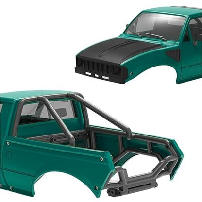 RC Pickup Body Shell with Bed Rack and Light kit & 2PCS Hanging Ball Nuts for 1/24 RC Crawler Axial SCX24 C10 Bronco Wrangler Base Camp 4Runner (Black & Green)
