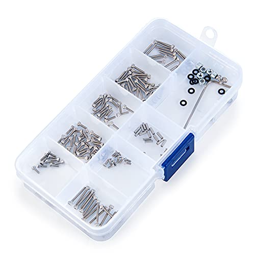 Que-T 186pcs RC Screws Kit M1.4 Metal Screws Pin M2 Nut Box Set for Axial SCX24 90081 AXI00001 C10 AXI00002 1/24 Crawler Car Upgrade Parts