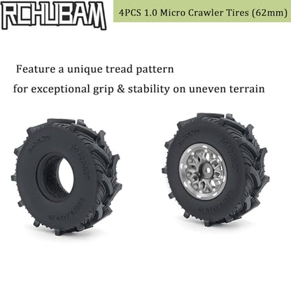 RCHUBAM 4PCS 1.0" Micro Crawler Tires Rubber Mud Tires for 1/18 TRX4M 1/24 Axial SCX24 90081 AXI00001 AXI00002 AXI00005 AXI00006 RC Crawler Car (62mm) - color: 62mm