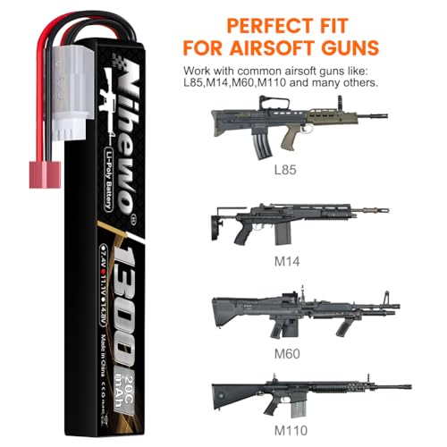 Airsoft Battery 11.1V 1300mAh 20C T Plug 2pcs for Airsoft Gun/Rifle | 11.1V Lipo Battery Airsoft 3S 1300mAh 20C Rechargeable Soft Case Lipo Battery with Dean T Plug for AEG Airsoft Guns/Rifles