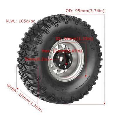 4PCS 1.55 Inch Aluminum Alloy Beadlock Wheel Rim Tyre and 95mm Rubber Tires Set for 1/10 RC Rock Crawler Car Upgrade Parts for Tamiya Axial AX90069 D90 TF2 CC01 LC70(10Holes-Yellow) - color: 10holes-yellow