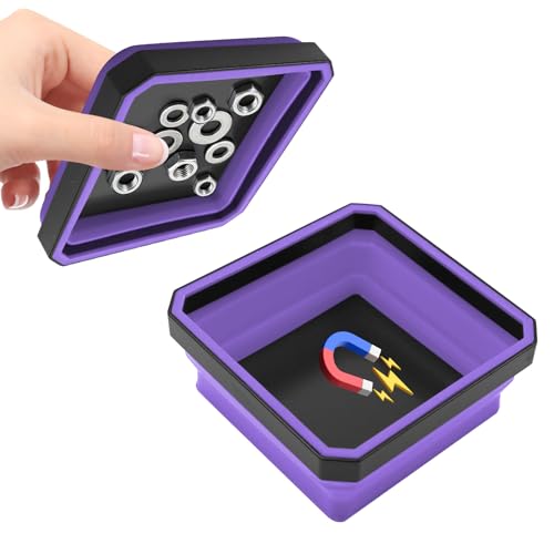 Collapsible Magnetic Parts Tray, 4.5 Inch Square Silicone Tray Holder with Double-Sided Magnetic Base, Foldable Tool Trays for Screw Bolts Nuts Pins Small Parts, Car Accessories (Purple) - color: Purple