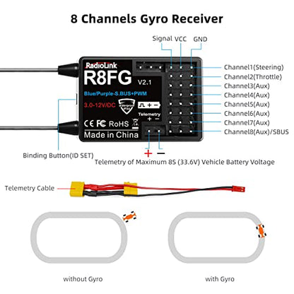 Radiolink 2.4Ghz R8FG V2.1 3ms Latency&R6FG Gyro Receiver with Voltage Telemetry, Waterproof RX for RC Crawler Car Boat Radio Controller RC8X/RC6GS V3/RC4GS V3/RC6GS V2/RC4GS V2/T8FB/T8S