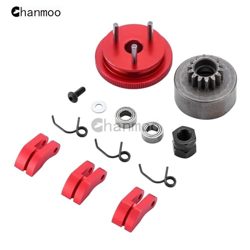 1/8 RC Car 14T Clutch Bell Flywheel Assembly Kit Shoes Bearings Gear Engine Nut Springs Cone for 1:8 RC Buggy Truck Car KYOSHO HPI HSP Axial Himoto 21-28cxp Nitro Engine Parts (Red) - color: Red