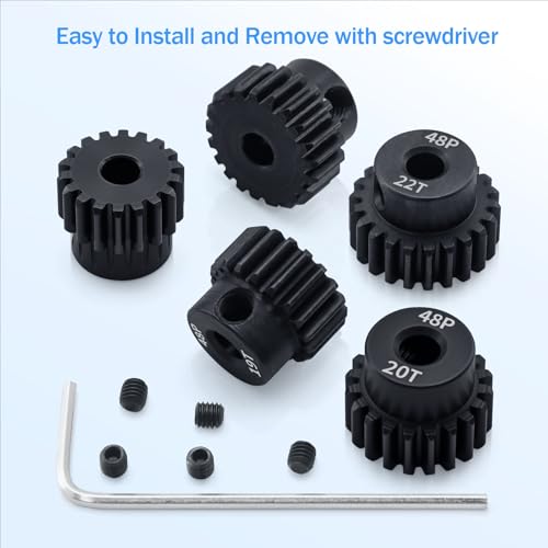 Surpass 48P Pinion Gear Set 3.175mm Shaft Hole 18T/19T/20T/21T/22T 48 Pitch Motor Gears for1/10 RC Car Upgrade Part with Screwdriver (5Pack) - size: 18T 19T 20T 21T 22T