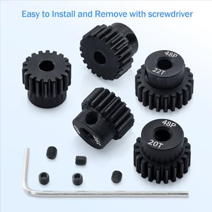 Surpass 48P Pinion Gear Set 3.175mm Shaft Hole 18T/19T/20T/21T/22T 48 Pitch Motor Gears for1/10 RC Car Upgrade Part with Screwdriver (5Pack) - size: 18T 19T 20T 21T 22T
