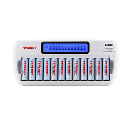 Tenergy TN160 12-Bay LCD NiMH/NiCD AAA/AA Battery Charger + 12x AA NiMH Rechargeable Batteries, Double A Batteries for Everyday Electronics - size: Charger + 12 Pack NiMH AA