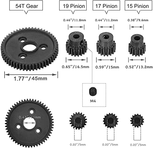 Rc Metal Steel 54T 32P Spur Gear with 15T/17T/19T Pinions Gear Sets Replace 3956 for Traxxas Slash 4x4 4WD/2WD/VXL Rally/Stampede 4x4 VXL/Summit/E-REVO/T-Maxx/Rustler 4X4 VXL