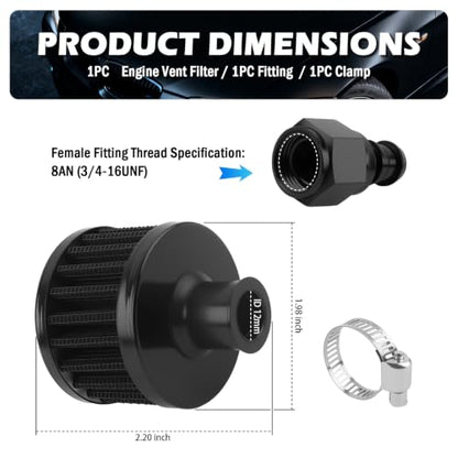 12mm Fuel Cell Vent Filter,High Efficiency Fuel Tank Breather Vent with 8AN (3/4-16) Female Fitting,Durable Anti-Clog Engine Vents Filters for Automotive Engine Fuels System
