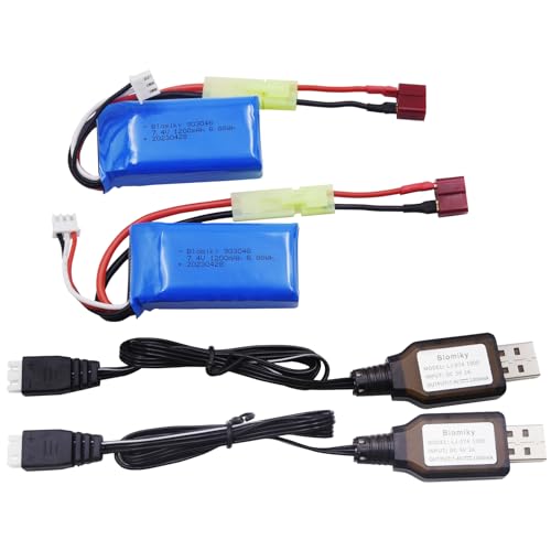 Blomiky 2 Pack 7.4V 1200mAh 8.88Wh Li-PO Battery and 2 USB Charger Cable Replacement for 1/18 Scale 9310YL 9300 9301E 9302E 9303E 9304E 9305E RC Truck / 9300 1200 2