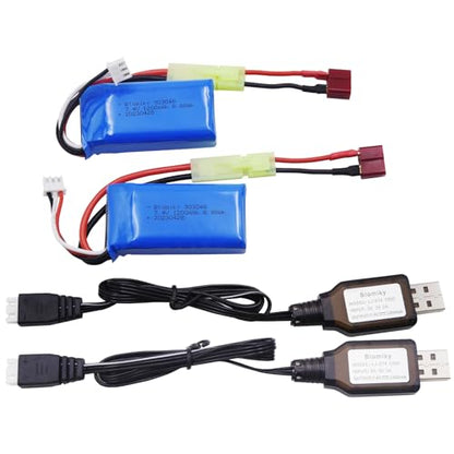 Blomiky 2 Pack 7.4V 1200mAh 8.88Wh Li-PO Battery and 2 USB Charger Cable Replacement for 1/18 Scale 9310YL 9300 9301E 9302E 9303E 9304E 9305E RC Truck / 9300 1200 2