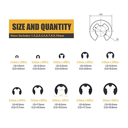 300Pcs Black Alloy Steel E Clip Assortment Kit E-Clip External Retaining Ring Assortment Set (M1.5-M10,300 PCS)