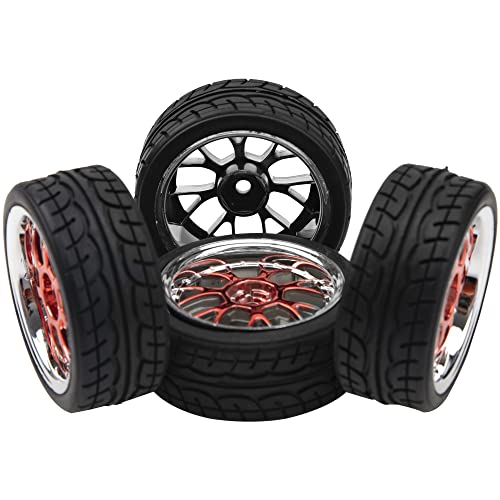4Pack HIRCQOO 12mm Hex Plastic Wheel Rims & 2.59" Rubber Tires Set w/Foam Compatible with Traxxas Kyosho HPI Tamiya TT-01 TT-02 Sakura HSP 1/10 RC On-Road Touring Car (Red) - color: Red