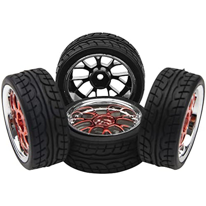 4Pack HIRCQOO 12mm Hex Plastic Wheel Rims & 2.59" Rubber Tires Set w/Foam Compatible with Traxxas Kyosho HPI Tamiya TT-01 TT-02 Sakura HSP 1/10 RC On-Road Touring Car (Red) - color: Red