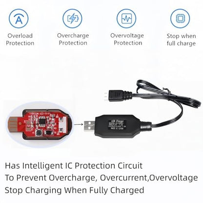 7.4V USB Charger Cable with XH-3P Plug 1.3A Fast Charging for Axial SCX10 SCX24 RC Car and Gel Splatter Blasters SRB400 for Universal 7.4V 2S Lipo Battery Airsoft