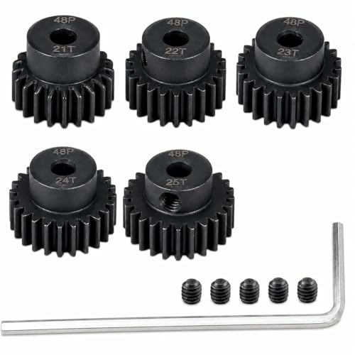 48P Hardened Steel Pinion Gear Set 3.175mm (1/8 inch) Hole 21T 22T 23T 24T 25T 48DP Pitch Gears with Hex Key for RC Brushless Brush Motor RC Car Upgrade (5pcs) - size: 21 22 23 24 25T