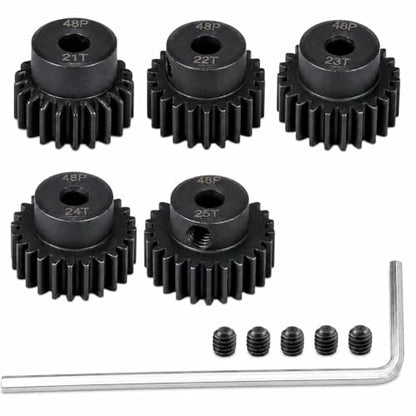 48P Hardened Steel Pinion Gear Set 3.175mm (1/8 inch) Hole 21T 22T 23T 24T 25T 48DP Pitch Gears with Hex Key for RC Brushless Brush Motor RC Car Upgrade (5pcs) - size: 21 22 23 24 25T