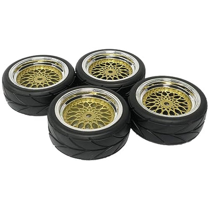 4PCS 64mm RC Rubber Tires and Plastic Plating Wheel Rims Set Replacement Part 12mm Hex for 1/10 RC On Road Run-flating Touring Racing Drift Car Tyre(Gold Silver,Offset:3mm) - color: Gold Silver, size: Offset:3mm