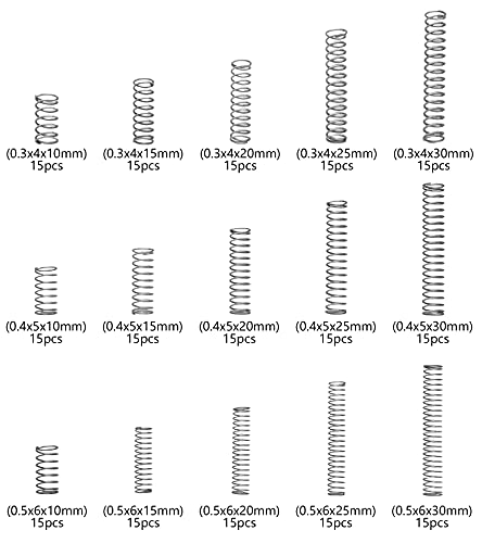 Compression Springs Assortment Kit, 15 Different Sizes 225pcs Mini Stainless Steel Springs for Repairs, 0.39" to 1.18" Length, 0.16" to 0.23" OD, 10mm - 30mm Length, 4-6mm OD