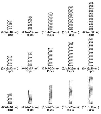 Compression Springs Assortment Kit, 15 Different Sizes 225pcs Mini Stainless Steel Springs for Repairs, 0.39" to 1.18" Length, 0.16" to 0.23" OD, 10mm - 30mm Length, 4-6mm OD