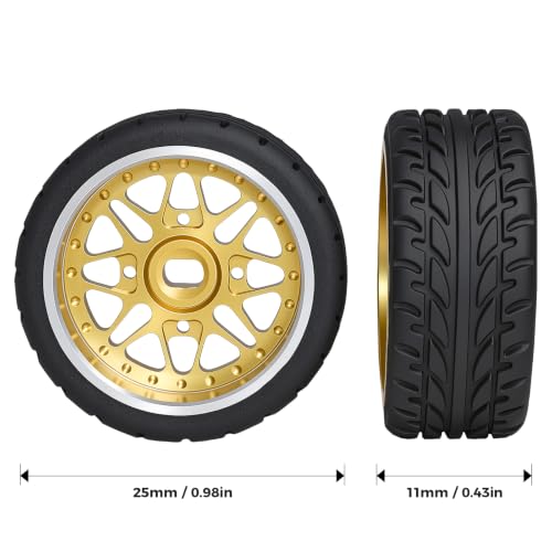 4Pcs 25mm Rc Drift Wheels & Logo Drift Car Tires for 1/24 1/28 Wltoys, [2N+2W] Aluminum Alloy Rims with High Grip Tires Simulated Tire Tread Racing Tyre for Mini-Q HGD1 Wltoys K969 K989 k929(Gold) - color: 3.gold