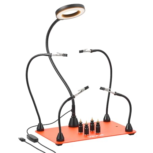VEVOR Magnetic Helping Hands Soldering Station, 4 Flexible Arms Third Hand Soldering Tool, with 3X LED Magnifying Lamp, 4 PCB Pillar Holder & Heavy-Duty Base, Electronic Repair Craft Hobby DIY - style: 11*7in Large Base Helping Hands Kit