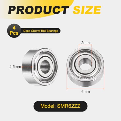 uxcell 4Pcs SMR62ZZ Deep Groove Ball Bearings, 2x6x2.5mm 440C Stainless Steel Double Shielded Bearings, ABEC 5 - size: 2x6x2.5mm