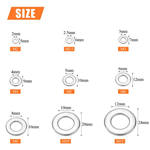 HELIFOUNER 600 Pieces 9 Sizes 304 Stainless Steel Flat Washers Assortment Kit (M2 M2.5 M3 M4 M5 M6 M8 M10 M12) - size: M2-M12 Assortment
