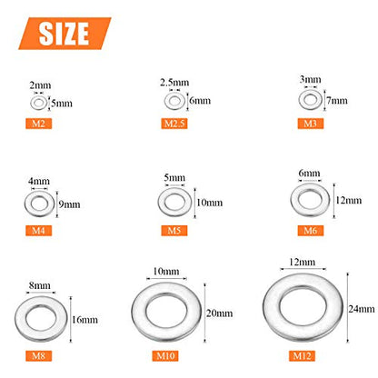 HELIFOUNER 600 Pieces 9 Sizes 304 Stainless Steel Flat Washers Assortment Kit (M2 M2.5 M3 M4 M5 M6 M8 M10 M12) - size: M2-M12 Assortment