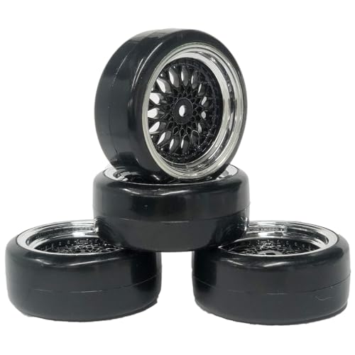 4PCS 1/10 RC Drift Car Tires Smooth Hard Tyre Plastic Plating Wheel Rims Set Replacement for HSP Tamiya HPI Kyosho On-Road Drifting Car (Black Silver) - color: Black Silver