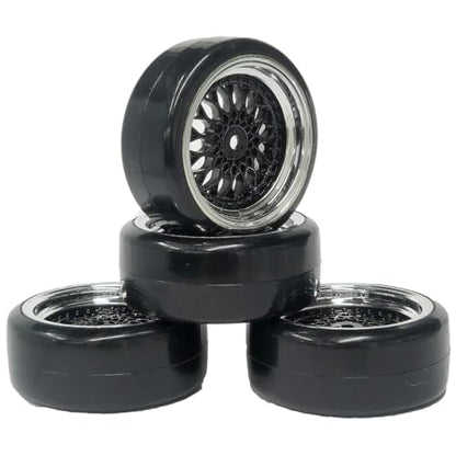 4PCS 1/10 RC Drift Car Tires Smooth Hard Tyre Plastic Plating Wheel Rims Set Replacement for HSP Tamiya HPI Kyosho On-Road Drifting Car (Black Silver) - color: Black Silver