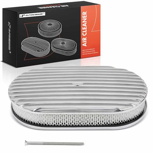 A-Premium Universal Air Cleaner Filter Assembly | 15" x 2", Oval Chrome Polished Full Finned Air Cleaner
