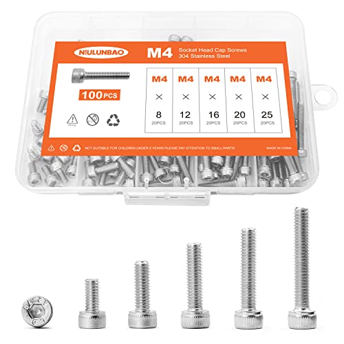 M4 x 8mm 12mm 16mm 20mm 25mm Hex Socket Head Cap Screws Bolts, 304 Stainless Steel, Metric Machine Fully Threaded, Bright Finish, Allen Hex Drive, Assortment Kit 100PCS - size: M4 x 8/12/16/20/25mm (100PCS)