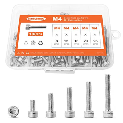 M4 x 8mm 12mm 16mm 20mm 25mm Hex Socket Head Cap Screws Bolts, 304 Stainless Steel, Metric Machine Fully Threaded, Bright Finish, Allen Hex Drive, Assortment Kit 100PCS - size: M4 x 8/12/16/20/25mm (100PCS)