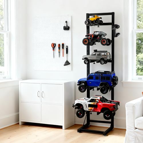 Multilayer Storage Rack Shelf Display Stand for RC Model Cars | Quick assembly, multi-scale fits for 1/8-1/24 TRX4 SCX10 TRX4M SCX24, expandable side holes for hanging RC tools - size: 13.78" x 15.16" x 60.24"